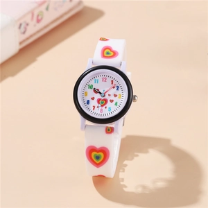 Kids Quartz Watch Rainbow Heart Pattern Silicone Strap Colorful Arabic Numerals Cartoon Wristwatch For Girls