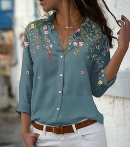Camicia da donna verde scuro a maniche lunghe con stampa di fiori e uccelli