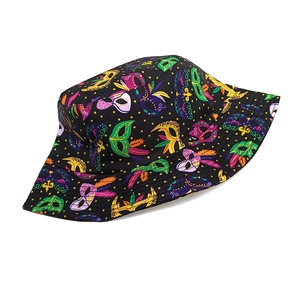 Detail of colorful carnival mask and feather patterns on a black reversible bucket hat