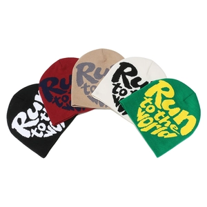 Winter knitted beanie hats with Run to the world letter jacquard in multiple colors