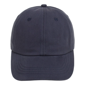 Detailed close-up of dark blue cotton twill baseball cap stitching and air vents