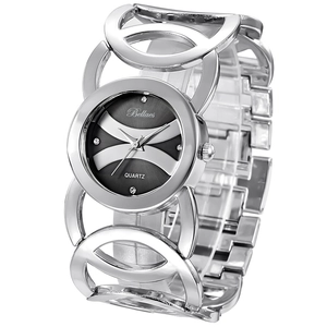 Silver women's bangle watch featuring a black dial with rhinestones on a white background