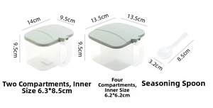 Detail view of 4-compartment seasoning box with dimensions and transparent spoons