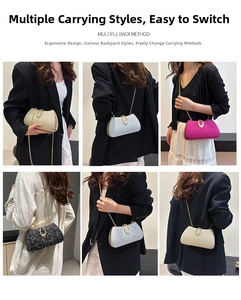 Detail showing various wearing styles of sequin evening clutch bags with chain straps