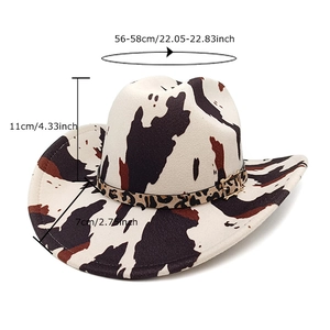 Cow print western cowboy hat with leopard band and size dimensions of 56-58cm