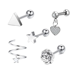 Stainless Steel Cartilage Stud Earrings Cubic Zirconia Heart Star Moon Geometric Piercing Jewelry Screw Back Hypoallergenic