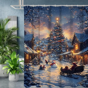 Détail du rideau de douche de Noël avec motif de village d'hiver enneigé et bonhomme
