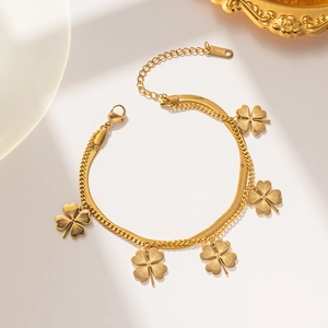 Double-layered gold titanium steel clover bracelet with smooth snake chain and five charms