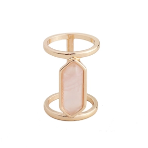 Fashion gold alloy ring featuring double-loop hollow design and pink crystal pillar gemstone