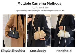 Three-way view of a retro lychee pattern handbag showing hand-carry and crossbody styles