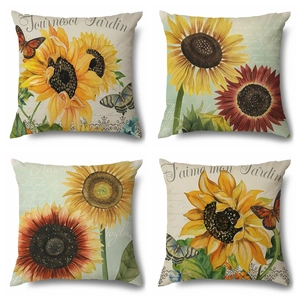 Sunflower and butterfly watercolor linen pillowcases with vintage French text and floral patterns