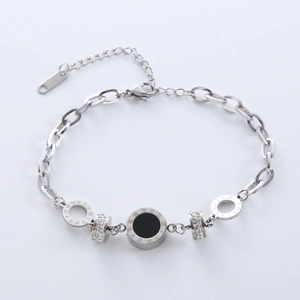 Elegant silver stainless steel chain bracelet with black shell pendant and roman numerals