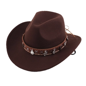 Detail of coffee brown wool felt cowboy hat with ethnic woven band and silver coin charms