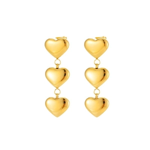 Elegant gold-plated stainless steel drop earrings with triple heart dangling design