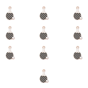 Flat lay of 10 rose gold alloy racket pendants with black enamel and white pearl accents