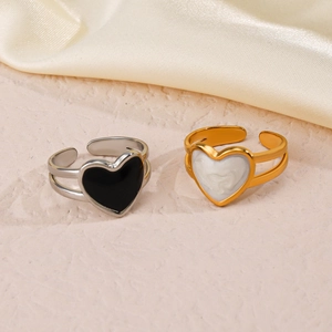 Polished 18K gold and silver plated open heart rings with enamel inlay on satin fabric