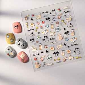 3D embossed nail art stickers featuring cute kittens and afternoon tea icons on 5D decals