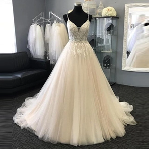 Spaghetti Strap Wedding Dress Lace Sequin V Neck Mesh A-Line Bridal Gown Elegant Sexy Evening Long Dress For Women