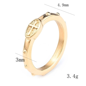 Gold 8mm stainless steel cross ring with embossed logo and beaded band for men