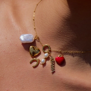 18K gold stainless steel necklace with Baroque pearls, MAMA charm and red heart pendant
