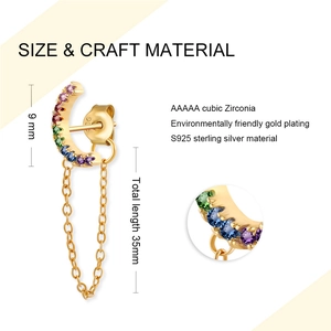 S925 sterling silver gold plated C-shaped earrings with colorful zircon and tassel chains