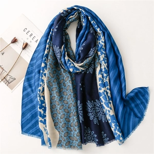 Blue mixed floral cotton linen scarf with tassels and artistic patterned patchwork