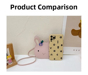 Pink rabbit crossbody bag compared with a smartphone to show its mini compact size
