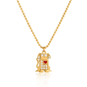 Macro detail of 18K gold-plated robot dog pendant with rhinestones and red heart charm