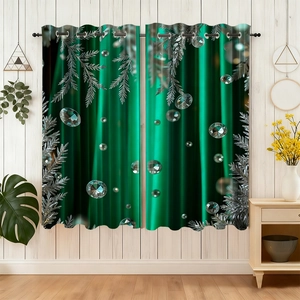 Detail of dark green curtains with silver pine branch and diamond patterns in a home setting
