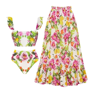 Women Bikini Top High Waist Bottom And Long Floral Skirt Polyester Ruffle Strap Lemon Flower Print Beach Vacation Swimsuit