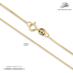 Macro shot of 45cm S925 sterling silver box chain necklace in gold finish with S925 hallmark