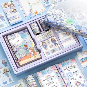 Detailed view of lavender oil painting stationery set with stickers and washi tapes