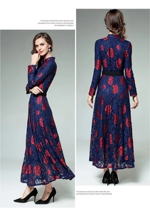 Detail of vintage navy lace maxi dress with red rose embroidery and mandarin collar