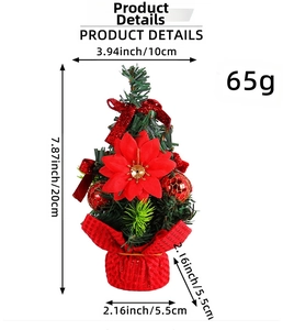 Detailed size view of a 20cm mini desktop Christmas tree with red floral and bow decorations