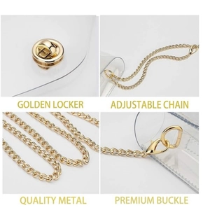 Clear stadium shoulder bag for concerts with golden metal chain and twist lock detail