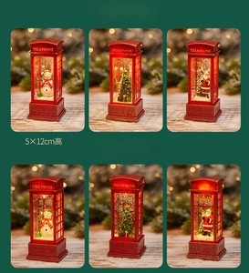 Detailed views of 5x12cm Christmas telephone booth lanterns with snowmen and santa figures