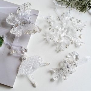 Clear acrylic Christmas tree ornaments with silver glitter, snowflakes and angel designs