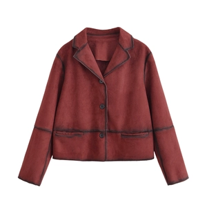 Short faux suede jacket in burgundy with lapel collar and vintage distressed finish