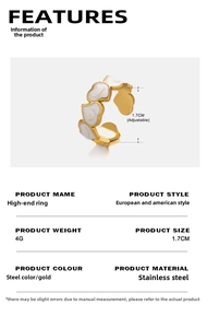 Detail view of gold stainless steel adjustable ring with white enamel heart inlay and specs