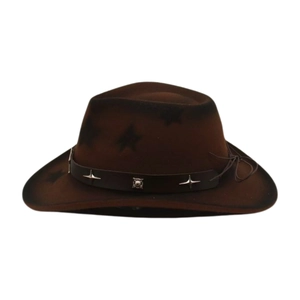 Detail of a brown felt cowboy hat with silver star studs and vintage leather hatband
