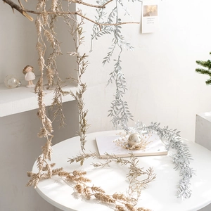 Artificial Christmas Rattan Garland Sparkling Glitter Plastic Vine Leaves For Holiday Wedding Home Party Decoration