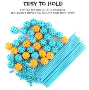 Detailed overhead view of blue and orange building balls and rods for DIY fort kits