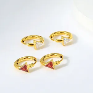Titanium steel gold hoop earrings with white zircon and red triangle gemstone charms