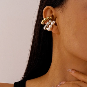 Three-piece set of geometric C-shaped ear cuffs with metal beads and faux pearls