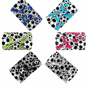 Detailed grid showing six wide elastic sports headbands with black and white soccer patterns