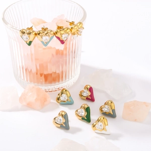 Gold plated heart stud earrings with colorful enamel and sparkling zircon inlay