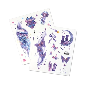 Waterproof glitter tattoo stickers with purple space jellyfish and butterfly fantasy designs