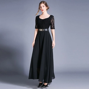 Elegant black lace chiffon maxi dress with slimming waist belt and large flowy hemline