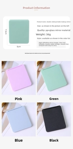 Detailed size specifications and four color variants of the foldable portable makeup mirror