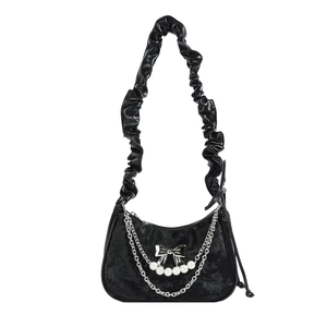 Elegante borsa hobo in velluto nero a pieghe con perle e fiocco in metallo
